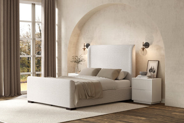 Alpine Furniture Adele Low-Profile King Platform Bed With Wingback Headboard, Linen-Textured Upholstery & Slats Oatmeal 8322EK