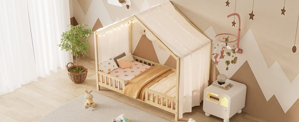 English Elm Montessori House Bed Frame Twin with Canopy & Full Guardrails, Cozy Kids Platform Bed for Toddlers Natural 81.5 L x 16 W x 6.6 H N733P356043M