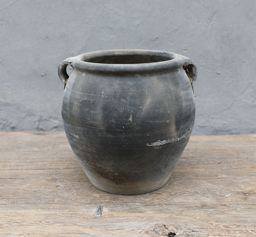 Lilys Approx 10" Vintage Charcoal/Gray Pottery Jar Large With Two Handles(Size & Finish Vary) 8324-4