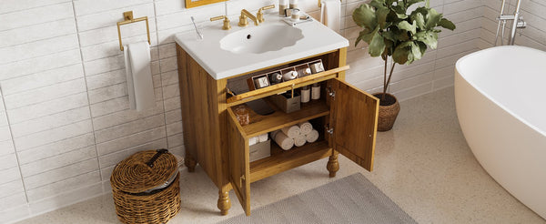 English Elm Christopher Knight Home® - 30-Inch Walnut Vanity with Seashell Resin Sink, Flip-Up Organizer, Soft-Close Doors & Legs Brown N765P33417576B