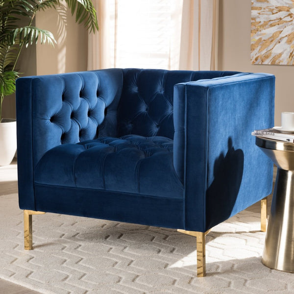 Baxton Studio Baxton Studio Zanetta Luxe Velvet Upholstered Lounge Chair with Glamorous Gold Finished Legs Navy TSF-7723-Navy/Gold