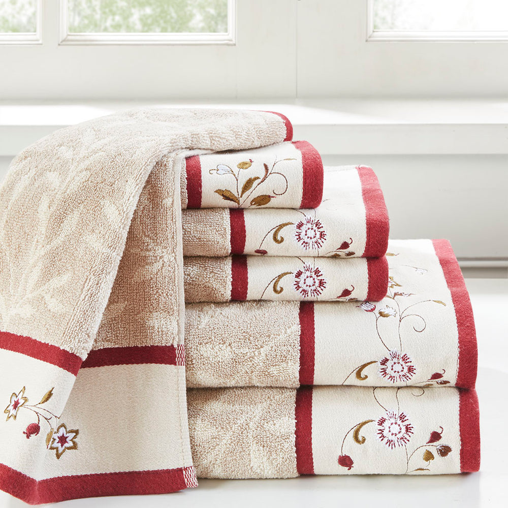 JLA Home Madison Park - Embroidered Cotton Jacquard Leaf & Floral 6-Piece Towel Set — Plush, Absorbent, OEKO-TEX Certified Elegance MP73-4968