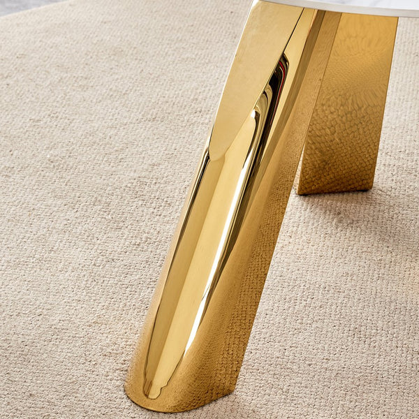 English Elm A 42-inch round dining set with stone top table and gold-plated stainless legs plus four PU chairs Gold 31 L x 19.5 W x 17.5 H W1512S00133