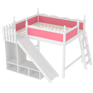 English Elm Twin Loft Bed Solid Pine Frame with Wardrobe Shelving Detachable Slide Kids Room W5305S00021