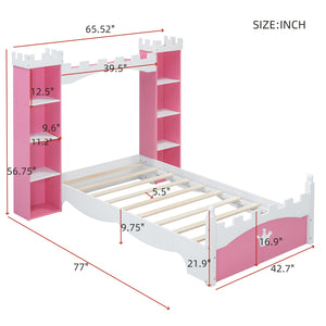 English Elm Castle-Shaped Twin Bed with Crown Footboard and Built-In Shelves, Sturdy MDF/Pine Frame for Kids Pink+White 56.69 L x 17.72 W x 5.51 H N733S177379H