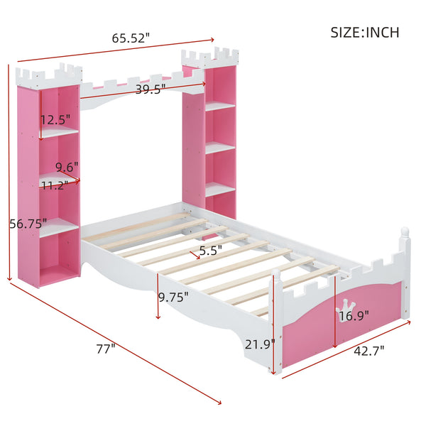 English Elm Castle-Shaped Twin Bed with Crown Footboard and Built-In Shelves, Sturdy MDF/Pine Frame for Kids Pink+White 56.69 L x 17.72 W x 5.51 H N733S177379H