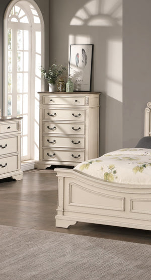 English Elm Antique Cream Wooden Chest of Drawers 5-Drawer Bedroom Dresser with Walnut Top Vintage Charm B011P236763