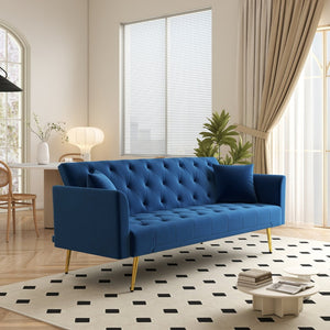 English Elm Modern Tufted Velvet Sleeper Sofa Retro Style Convertible Fold Flat for Compact Spaces Blue W2353P399459
