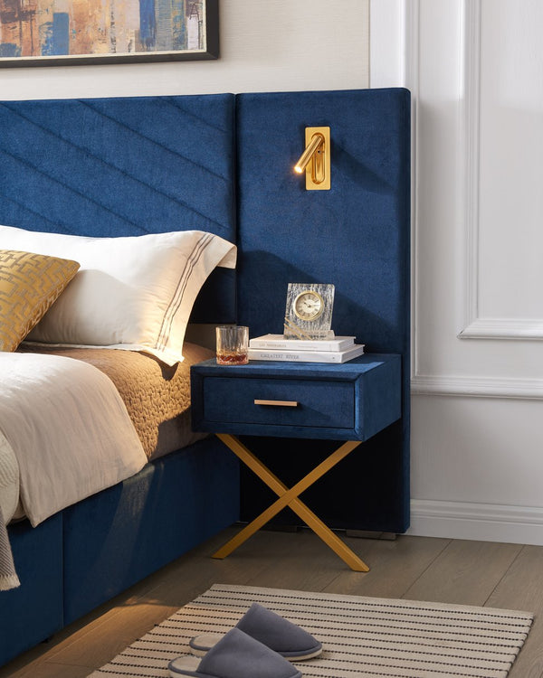 English Elm King Modern Floating Bedside Tables with LED Lights, Crossed Metal Legs & Single Drawer Storage, Durable Wood Blue W1793S00011