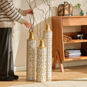 English Elm Floor Antique White Gold Metal Vases Set of 3 (32/28/24") — Tall Decorative Centerpieces for Entryway W2796P193594
