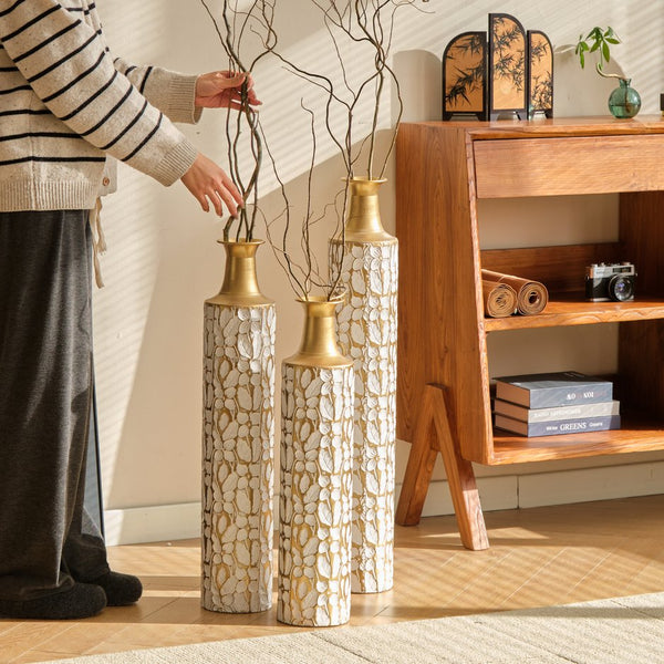 English Elm Floor Antique White Gold Metal Vases Set of 3 (32/28/24") — Tall Decorative Centerpieces for Entryway W2796P193594
