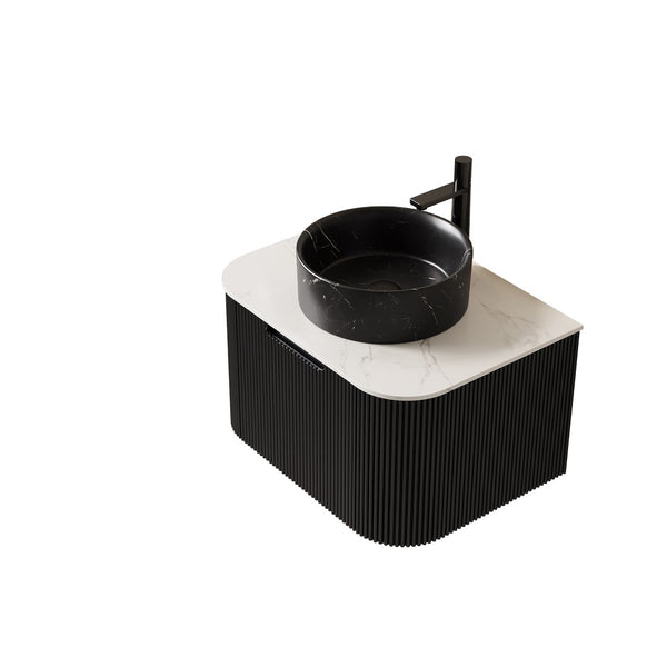 English Elm Dina Floating Bathroom Vanity with Sintered Stone Top and Crystal Glass Basin Black,Carrara White W2615S00703