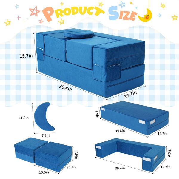 English Elm 5-piece Modular Foam Play Couch Velvet Toddler Sofa Foldable Kids Playroom Set Blue T5880P493435