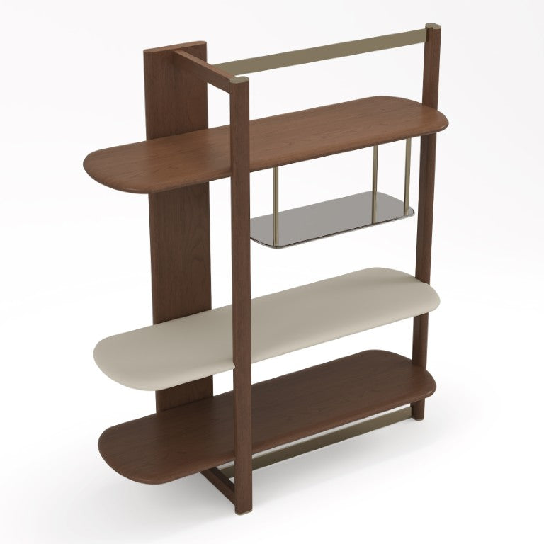 VIG Furniture Denali Mid-Century Walnut Left-Facing 4-Tier Display Shelf With Tea Glass, Gold Accents & Ceramic VGCS-DS-24127-L