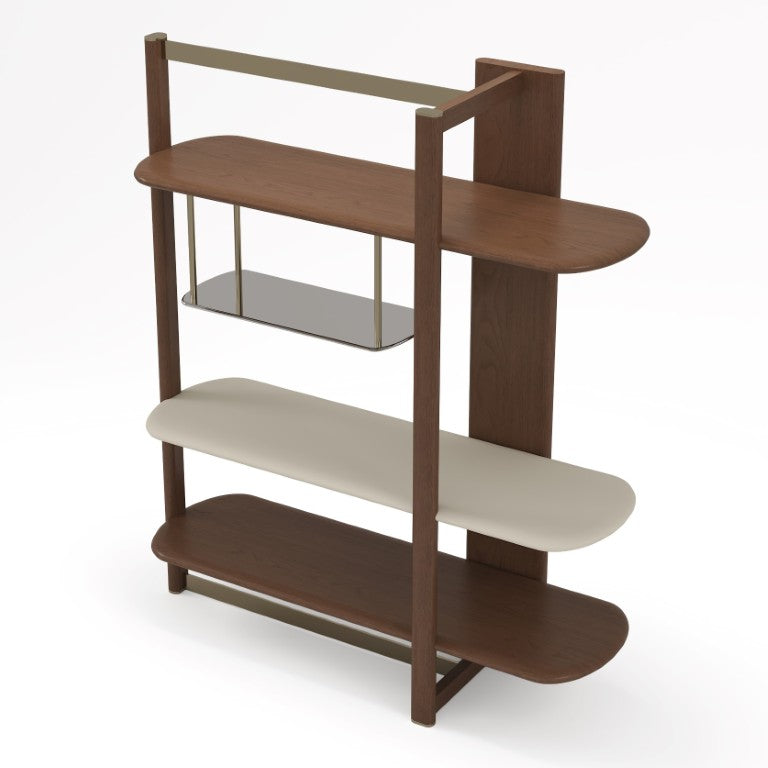 VIG Furniture Denali Right-Facing Mid-Century Walnut Four-Tier Display Shelf With Tea Glass & Gold Accents VGCS-DS-24127-R