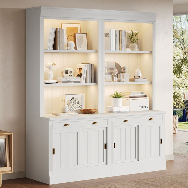 English Elm 83.4"tall Two-piece Bookcase Suite with Led Shelves Tempered Glass Doors Matte Black N751S059621K