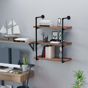 English Elm HOMCOM Industrial 3-Tier Pipe Wall Shelf – Rustic Brown Floating Bookshelf, Metal Frame Display Rack W2225P229632