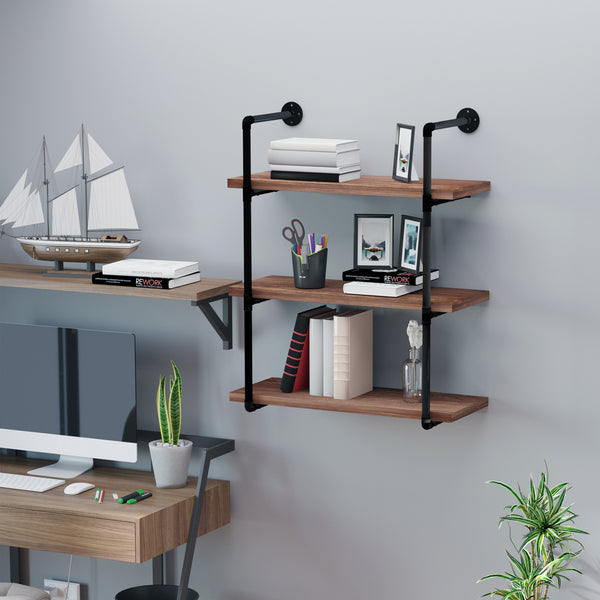 English Elm HOMCOM Industrial 3-Tier Pipe Wall Shelf – Rustic Brown Floating Bookshelf, Metal Frame Display Rack W2225P229632