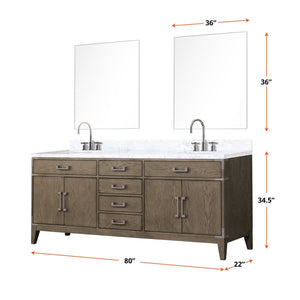 English Elm Grey Oak Double Bath Vanity Set With Carrara Marble Top, Chrome Faucets & 36" Mirrors - 80" Wide B2731S01875