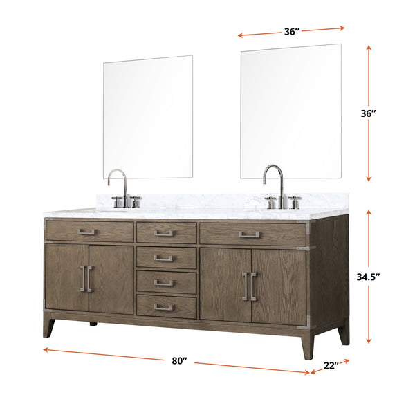 English Elm Grey Oak Double Bath Vanity Set With Carrara Marble Top, Chrome Faucets & 36" Mirrors - 80" Wide B2731S01875