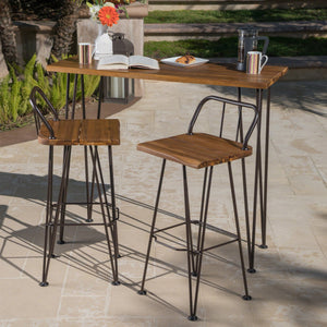 English Elm Christopher Knight Home® - DENALI Industrial Teak Acacia Wood & Rustic Metal Outdoor Bar Set — 3-Piece Patio Table & Stools 61326.00