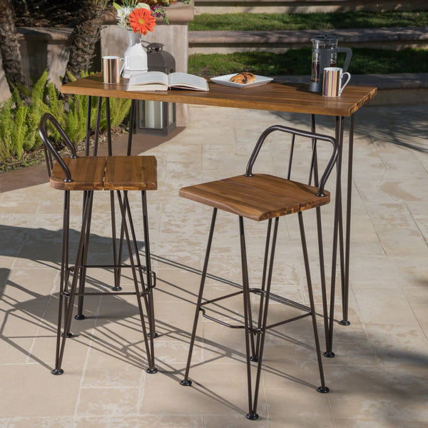 English Elm Christopher Knight Home® - DENALI Industrial Teak Acacia Wood & Rustic Metal Outdoor Bar Set — 3-Piece Patio Table & Stools 61326.00