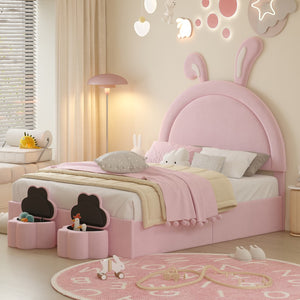 English Elm Full Size Upholstered Rabbit-Shape Bed With 2 Storage Stools, Velvet Platform Bed With Cartoon Ears Shaped Headboard, Pink