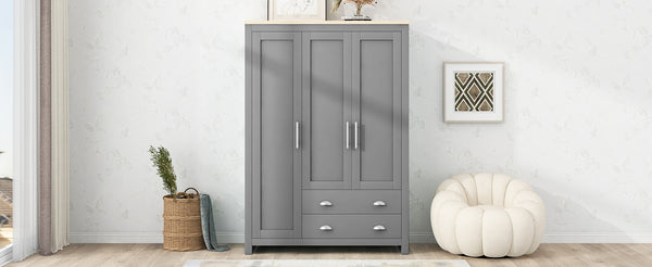 English Elm Three Door Pine Wardrobe with Two Drawers & Dual Hanging Rods, Gray Storage Armoire for Closet Organization, Sturdy MDF Build GX001834AAE
