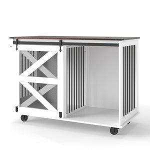 English Elm 47.2" Double Dog Crate Farmhouse Console with Rolling Casters and Barn Doors W2557P330269