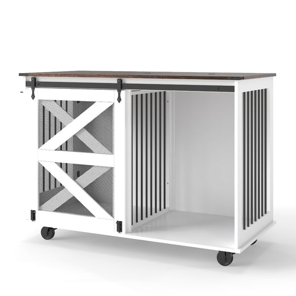 English Elm 47.2" Double Dog Crate Farmhouse Console with Rolling Casters and Barn Doors W2557P330269