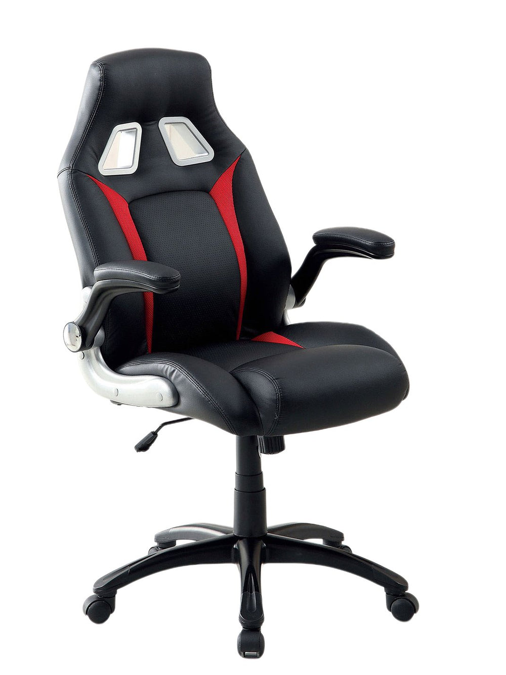 English Elm Modern Black Leatherette Office Chair with Red & Silver Accents, Pneumatic Height, Gaming Style Comfort B2741P340576