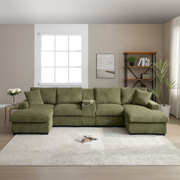 English Elm U Shaped Oversized Sectional Sofa with Double Chaise Console Cup Holders and Usb Port Green W1117S00266