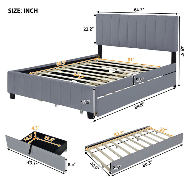 English Elm Queen Tufted Velvet Platform Bed with Storage Drawers and Pull Out Trundle Gray LP000714AAE-1