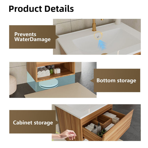 English Elm 24 Inch Floating Bathroom Vanity Fluted Walnut Cabinet with Ceramic Sink Modern W3520S00041