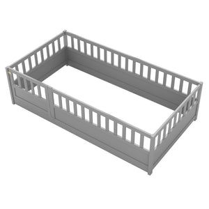 English Elm Twin Montessori Floor Bed Frame With High Security Barriers & Child-Friendly Door In Grey Finish W1858P164928-GIGA