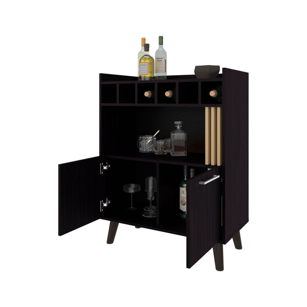 English Elm Yucca Mid-Century Bar Cabinet Wengue – Wine Storage for 5 Bottles, Display Shelves & Hidden Cupboard B128P263714
