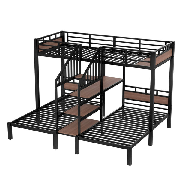 English Elm Twin Triple Bunk Bed Black Metal Frame with Built-in Storage Stairs and Shelves W1580S00619