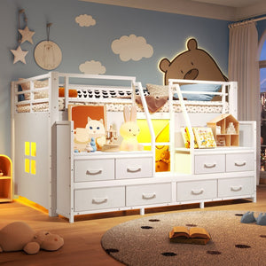 English Elm Twin Low Loft Bed with Shelves Fabric Drawers and Under Bed Study Nook Metal Frame Light White W5305S00042