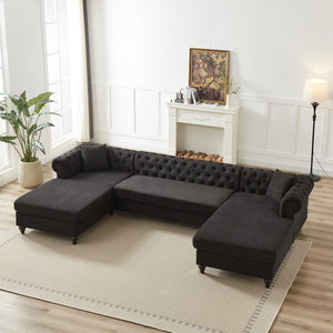 English Elm 135.5-inch Modern Chenille U-Shaped Sectional Sofa with Dual Chaise, Pull-Point Detail, Pillows, Wooden Legs Black W1926S00046