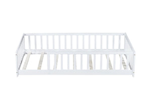 English Elm Twin Solid Rubberwood Floor Bed with Full Perimeter Safety Rails for Toddler Rooms White W504P296795