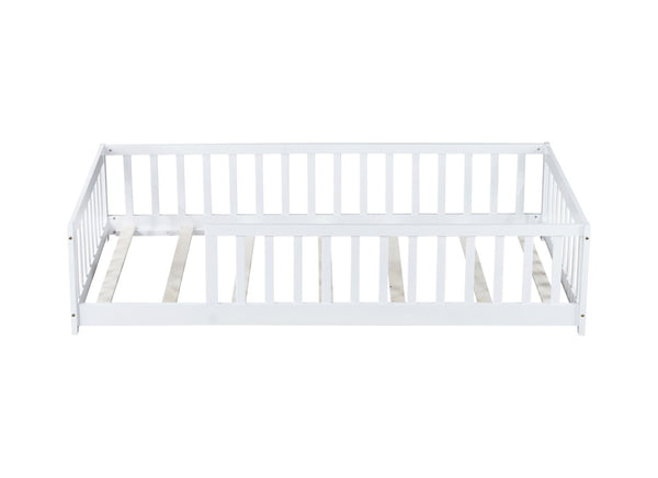 English Elm Twin Solid Rubberwood Floor Bed with Full Perimeter Safety Rails for Toddler Rooms White W504P296795