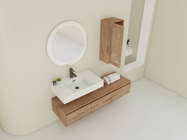 English Elm 60 Inch Wall-Mounted Bathroom Vanity Set With Resin Sink, Soft-Close Drawers & Side Cabinet Storage W999S00357