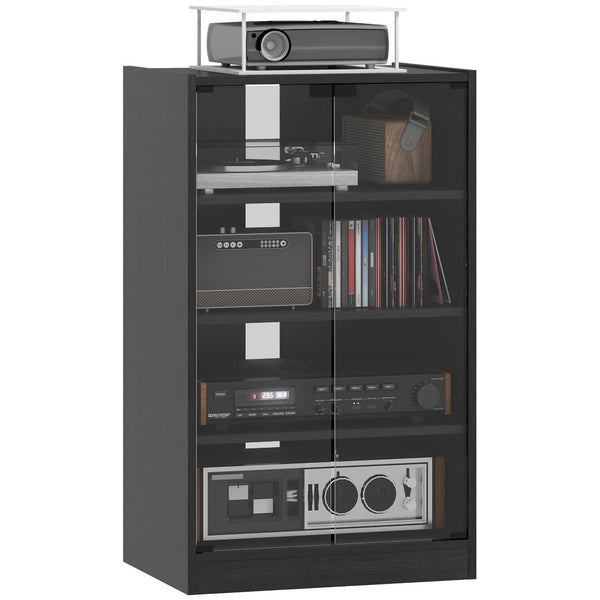 English Elm Media Cabinet with Tempered Glass Doors Four Tier Vinyl Record Player Storage Stand T3971P387833