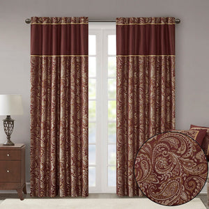 English Elm Jacquard Curtain Panel Pair - Luxurious Paisley Weave In Rich Burnt Red & Gold For Elegant Spaces B03598086