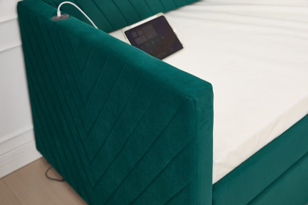 English Elm Twin Velvet Upholstered Daybed with Trundle, V-Pattern Backrest, USB Port, Side Pockets, Sturdy Design Emerald W1361S00043