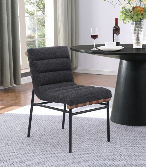 English Elm Liana Boucle Upholstered Dining Chairs Set of 2 with Cognac Leather Accents Iron Legs Dark Gray B2749P413190