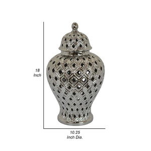 English Elm Deni Silver Porcelain Temple Jar with Pierced Lattice Lid for Mantel or Shelf Display B056P416854