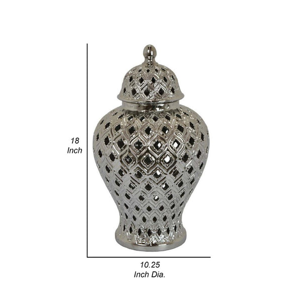 English Elm Deni Silver Porcelain Temple Jar with Pierced Lattice Lid for Mantel or Shelf Display B056P416854