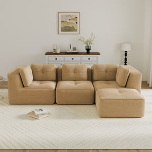English Elm Modern Corduroy Sectional Sofa Tufted Deep Seat Couch with Movable Ottoman No Assembly Camel W714S01784