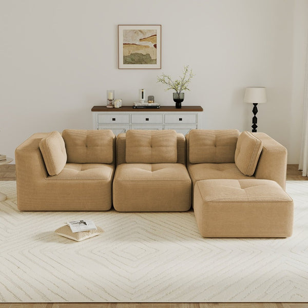 English Elm Modern Corduroy Sectional Sofa Tufted Deep Seat Couch with Movable Ottoman No Assembly Camel W714S01784